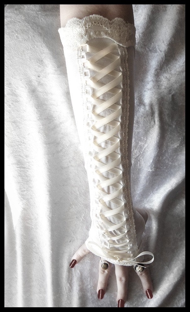 Porcelain Maiden Victorian Corset Laced Up Arm Warmers - Pale Ivory Lace & Ribbon - Vampire Gothic Tribal Goth Lolita Burlesque Bridal Cream