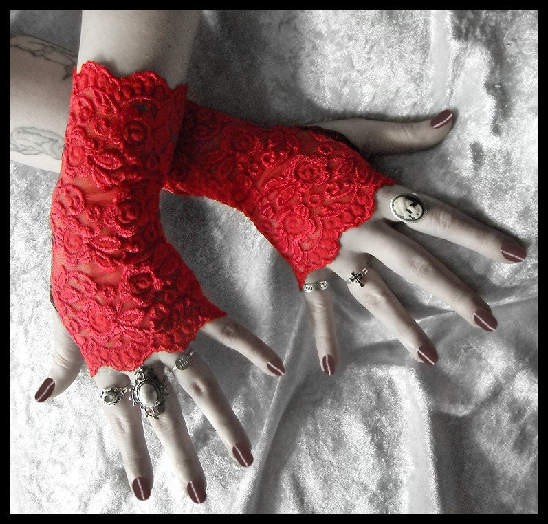 Moira Lace Fingerless Gloves - Bright True Red Embroidered Floral Roses - Gothic Cyber Vampire Regency Tribal Fetish Austen Wedding Romantic