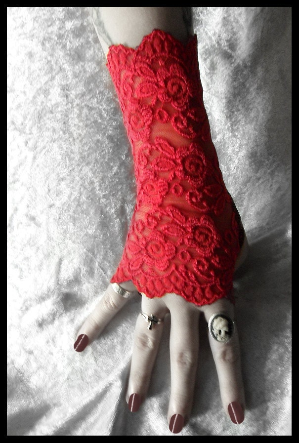 Moira Lace Fingerless Gloves - Bright True Red Embroidered Floral Roses - Gothic Cyber Vampire Regency Tribal Fetish Austen Wedding Romantic