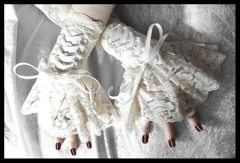 Solstice Corset Laced Up Fingerless Glove Wrist Cuffs - Ivory Lace White Ribbon - Lolita Rococo Fusion Bellydance Regency Aristocrat Bridal