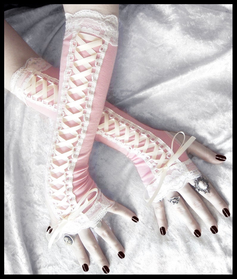 Sugar Maiden Victorian Corset Laced Up Arm Warmers - Light Pink - Pale Ivory Lace & Ribbon - Vampire Gothic Goth Burlesque Bridal Cream