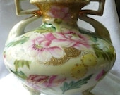 Nippon hand painted roses vase green mark