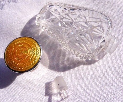 Vintage crystal perfume scent bottle English sterling and yellow guilloche top 1927