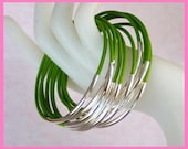 Leather Bangles Bracelets Fern Green Leather and Silver Metal Tubes