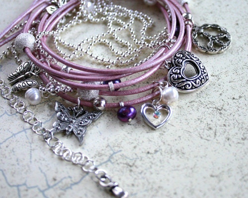 Pink Metallic Leather and Chain "Butterfly" Wrap Bracelet