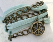 Hand Dyed Silk Ribbon Wrap Bracelet Brass Chain -SeaFoam Peace Sign Charms