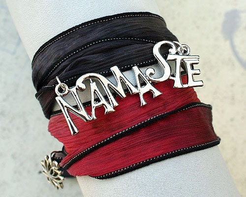 Hand Dyed Silk Ribbon Wrap Bracelet Brass Chain - Navajo Trail Namaste Lotus Charm Yoga