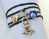 Black Silk Ribbon Wrap Bracelet With Ohm Lotus Yoga Protection Evil Eye Charms