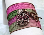 Silk Ribbon Wrap Bracelet Hand Dyed Secret Garden Copper Trre of Life Ohm Om, Twig Yoga Jewelry