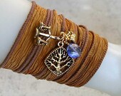 Hand Dyed Silk Ribbon Wrap Bracelet Fall Gold Tree of Life, Your Zodiac, Gem, Yoga Jewelry