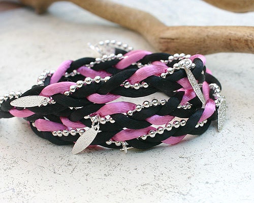Satin Wrap Bracelet With Ball Chain - Black Pink