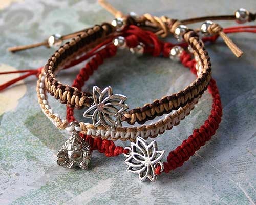 Lotus Yoga Friendship Bracelet Silver Buddha Charm On Cotton Cord