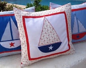 3 Nautical Pillows Appliqued  Embroidered -Sailing Boats- Beach House Decor Sailing Boat Decor