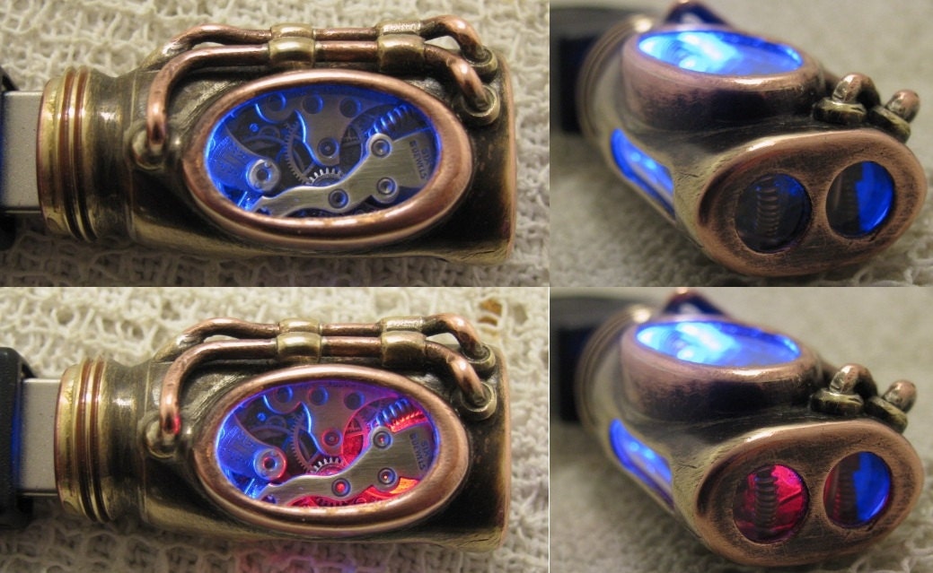Steampunk USB flash drive with glowing glass windows. 16 GIG. Copper, brass, watch parts and glass. Waterproof.