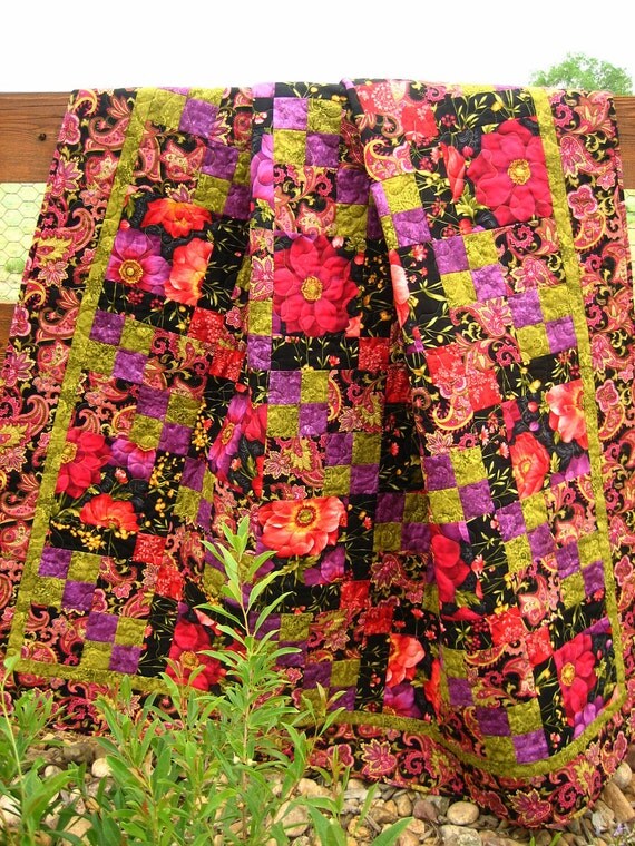 Patchwork Quilt, Handmade Quilt Floral Fusion, Quilted Throw