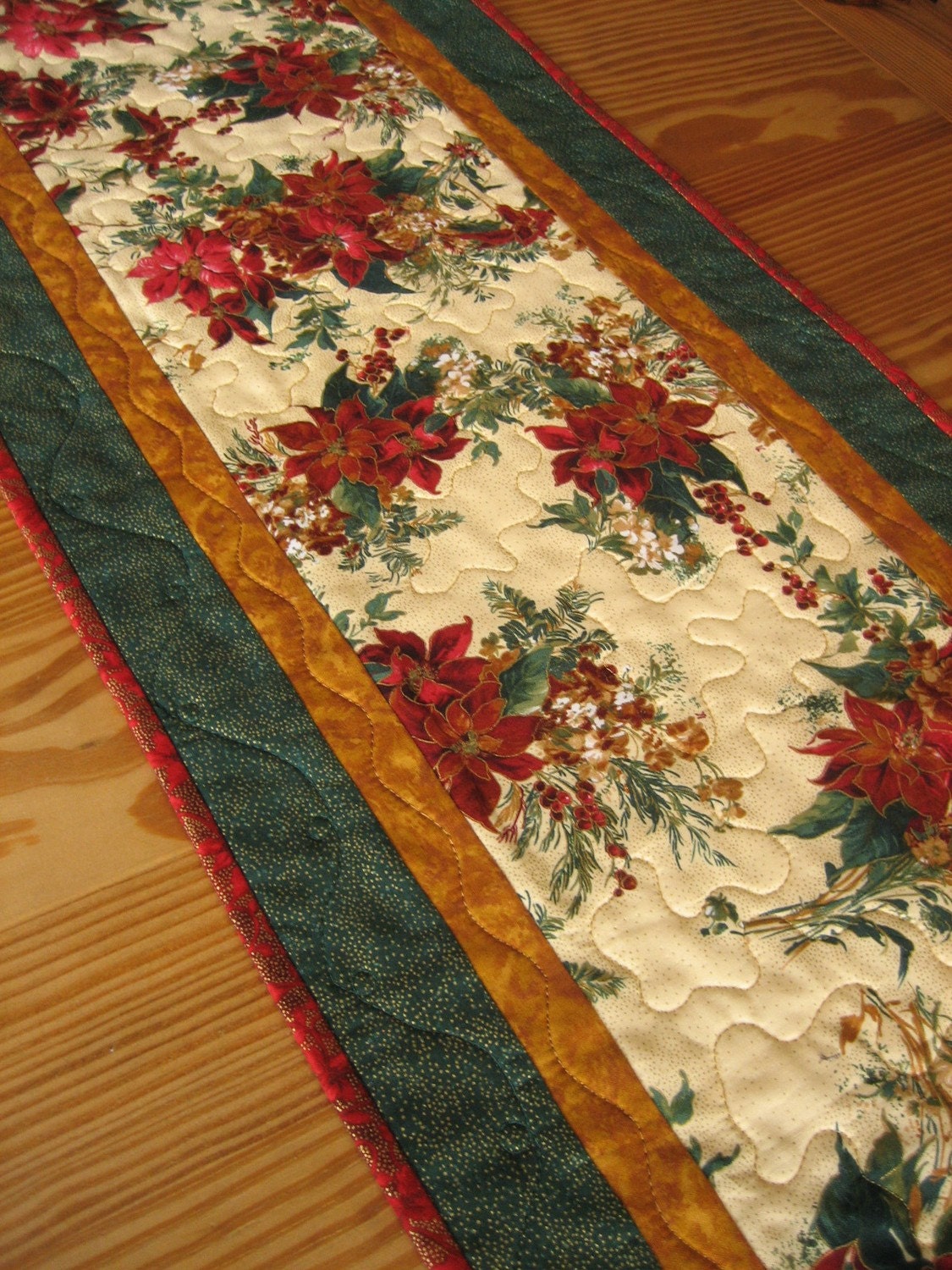 Poinsettia Bouquet Table Runner, Christmas Table Runner, Quilted Table Runner