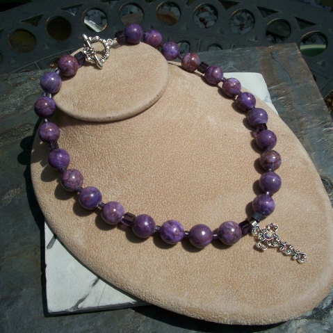 Necklace, Purple, Crazy Lace Agate, Cross Pendant, by Brendas Beading on Etsy
