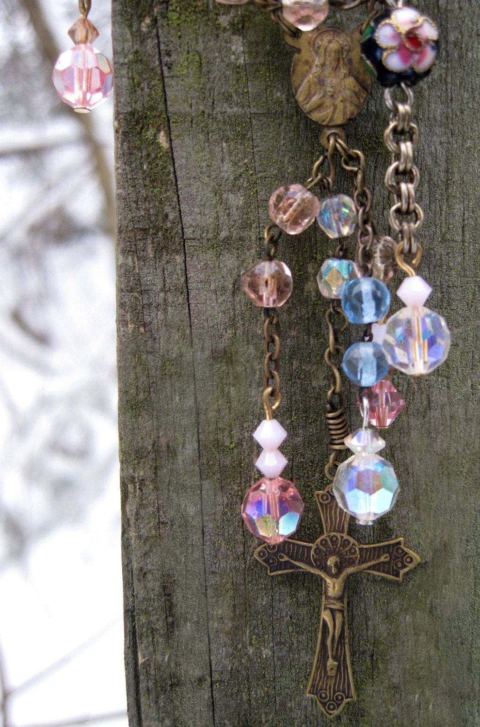 Pretty Pink and Blue Italian Vintage Rosary Necklace