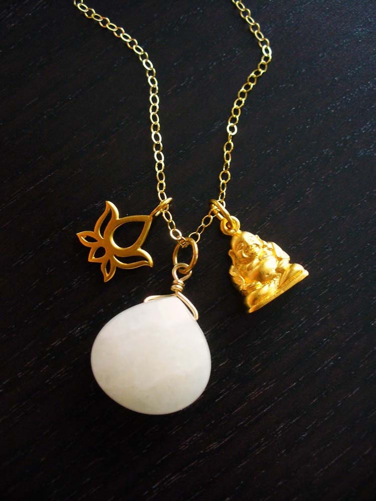 Happy Buddha and Lotus Charm Gold Necklace