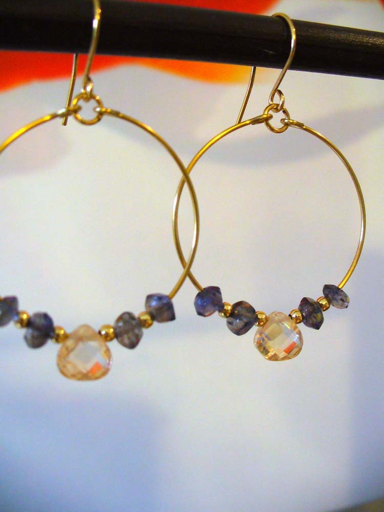 Gold Hoop Earrings with Champagne Crystals and Iolite