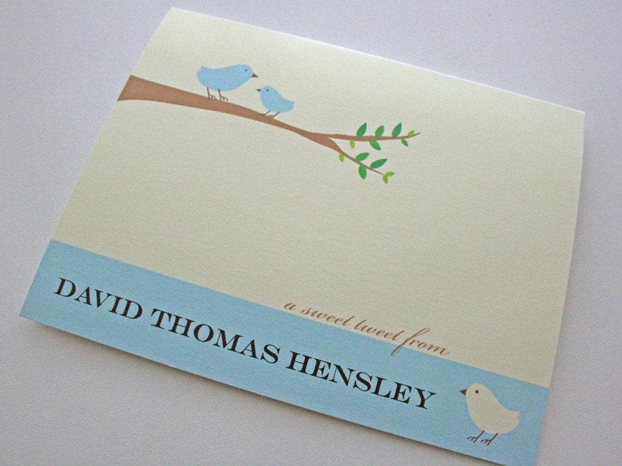 Note Cards in Sweet Tweet Blue Bird Design - Set of 10 Personalized