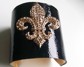 Black Leather Cuff Bracelet with Gold Crystal Swarovski Fleur De Lis