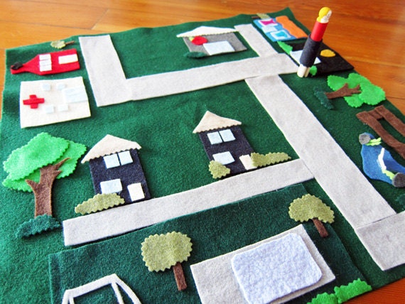 Ready to Ship -- Girls and Boys' Felt Play Mat with Movable Buildings (optional) for Cars and Play