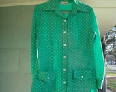 1960s country western-white button-double front pocket- tunic blouse- Sea foam green with tine white floral design- medium-large