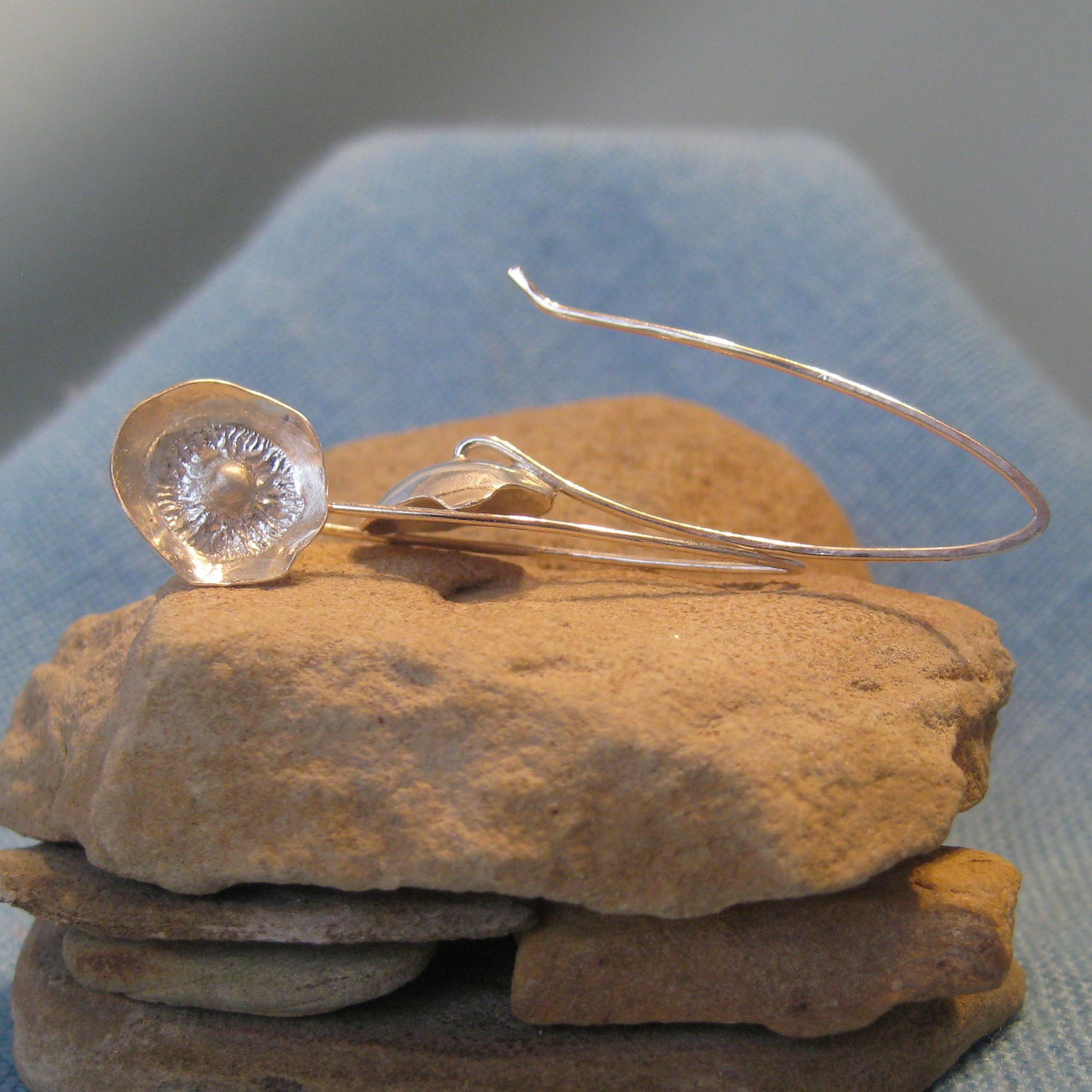 Flower Earring Wishbone Ear Wire Silver Long Dangle White Poppy  JJDLJewelryArt