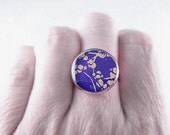 Deep Violet and Gold Cherry Blossom - fun little accessory -   16mm round ring with Beautiful Chiyogami under hand poured Glossy Protective Polymer Resin