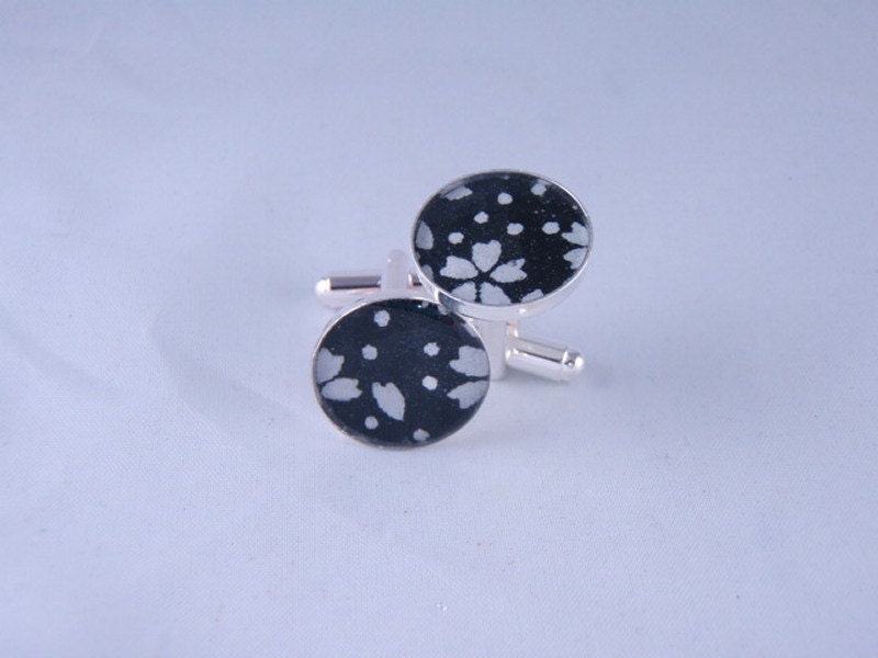 Black with White Petals Chiyogami Cufflinks 17mm diameter with a thick Protective Glossy Hand Poured coat of Polymer Resin