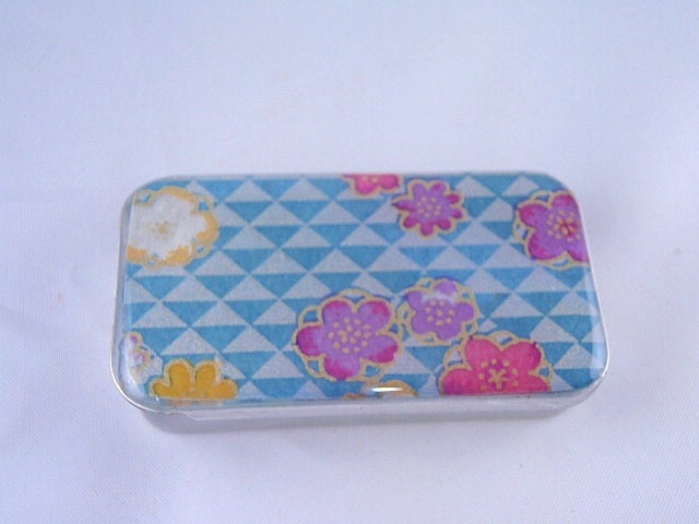 Gorgeous Silver and Blue with Flower Chiyogami - Stash your secrets in this Cool little slider tin - Chiyogami and Resin protected top