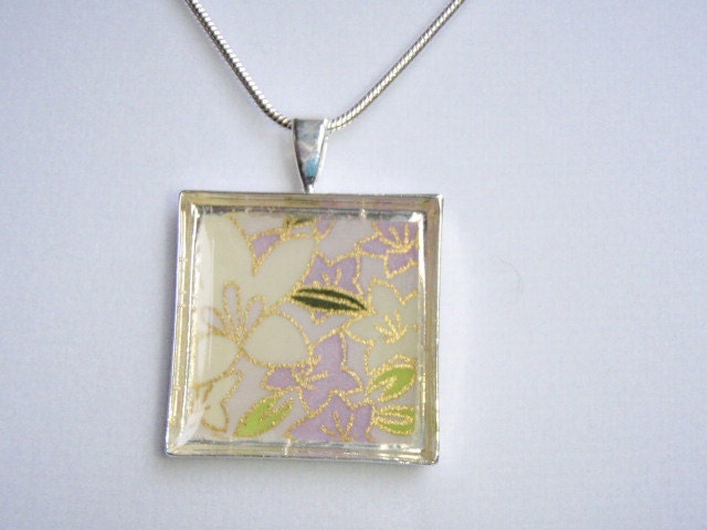 Lime and Lavender - 1 inch square silver tone box pendant on a pretty snake chain- Resin Protected Chiyogami