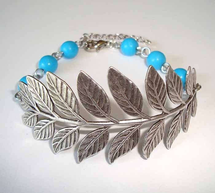 Branch Bracelet Turquoise Bracelet and Leaves Antique Silver Bracelet with Real Turquoise
