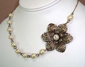 Bronze Filigree Necklace Flower Necklace and Ivory Pearl Beads Necklace