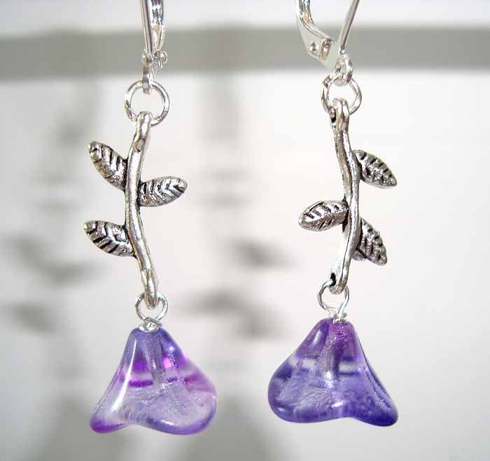 Branch Earrings Bell Flower Earrings Purple Bell Flowers Branch Leaf Antique Silver Earrings