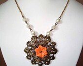 Orange Howlite Necklace Flower Necklace Filigree Antique Style Large Pendant Necklace