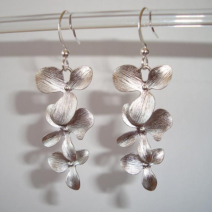 Flower Earrings Pretty Orchid Earrings Silver Flower Long Earrings