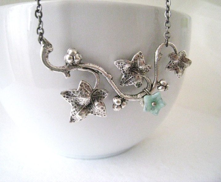 Ivy Leaf Spray Necklace. antique silver ivy leaf with light mint flower