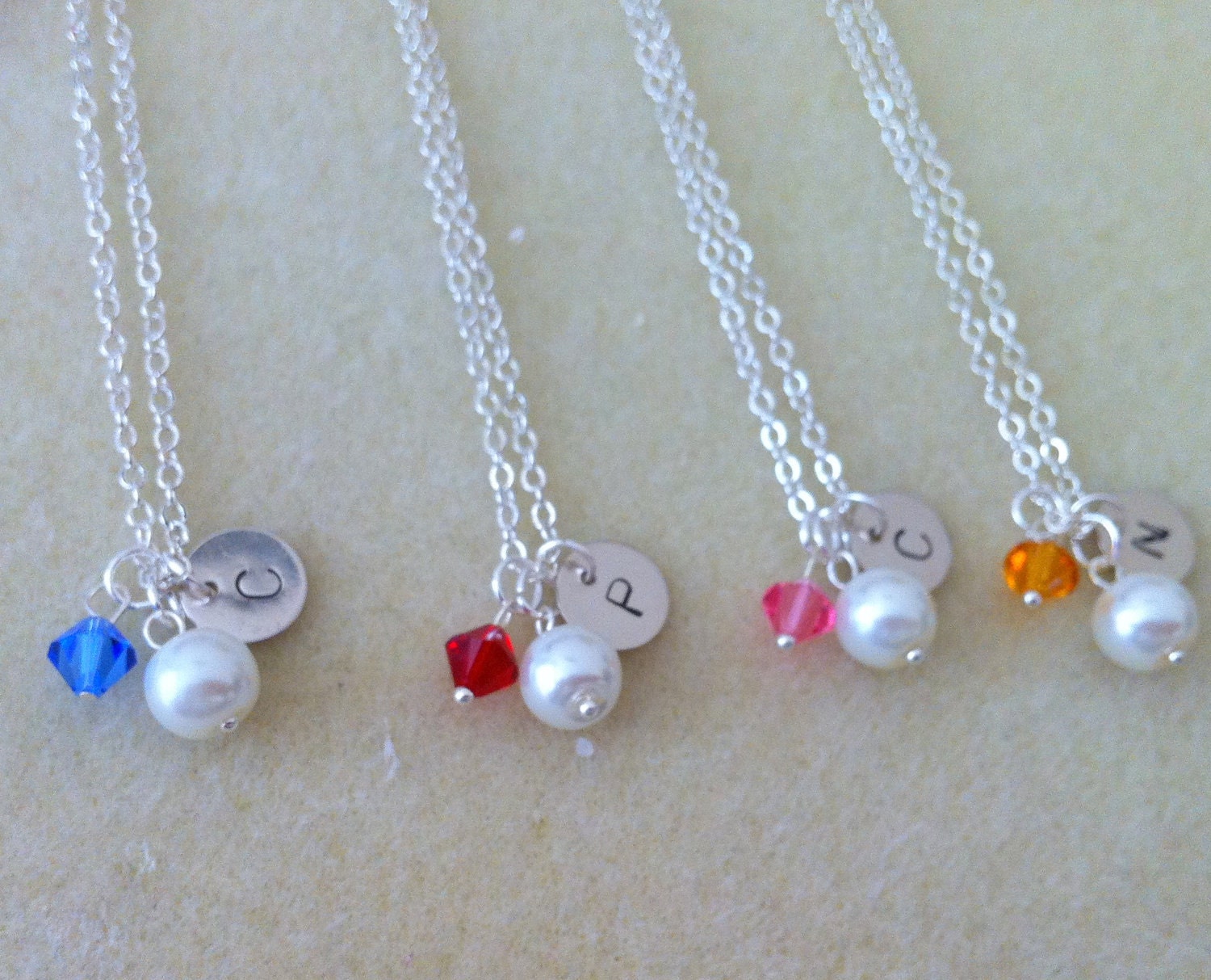 4 Bridesmaid necklace gifts, set of 4 necklaces, personalized, custom initials, pearl, birthstone, holiday, flowergirl, junior bride