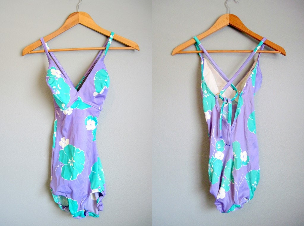 Vintage Swimsuit Floral Tropical One Piece Lavender Small Medium