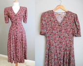 Grunge Floral Dress Vintage Maxi 1990s Burgundy Medium