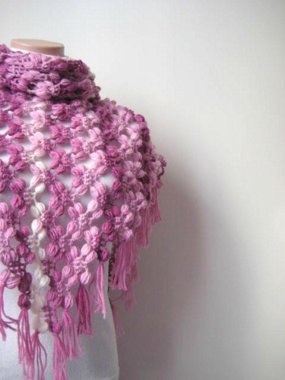 Pink, Purple, White Bubble Shawl - Warm Triangle Scarf Cowl - GIFT for HER - Ready to Ship