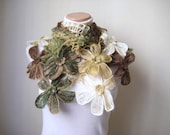 Crochet Flower Shawl - Green, Brown and White Floral Shiny Triangle Accessories - Gift for Her, for Mom - Ready to Ship
