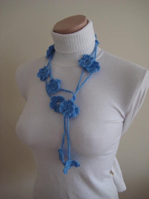 Baby Blue Bloom Flower Crochet Necklace, SCARFLETTE, SCARF, BELT - Ready for Shipping - Gift for Her