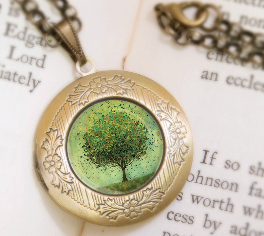 Green Tree Locket Necklace - Bronze Locket - Welcome Change (green) - Wearable Art with Bronze Chain