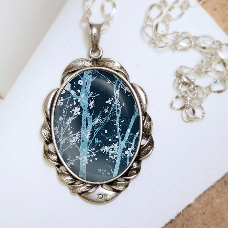 Forest Blossoms Necklace (blue) - Silver Pendant - Wearable Art with Silver Chain