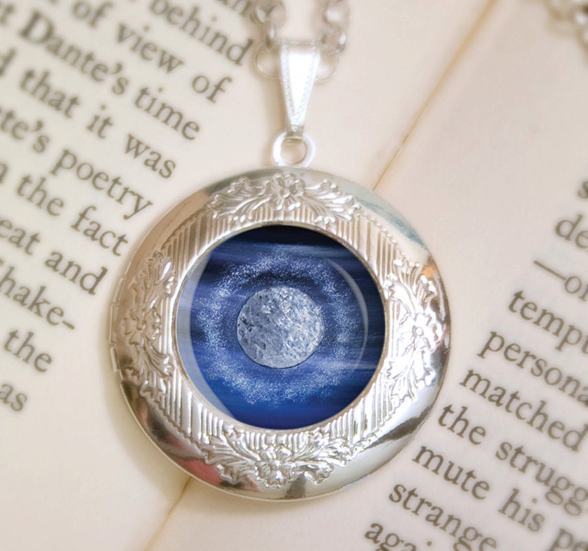 Full Moon Locket Necklace - Silver Locket - Wearable Art with Silver Chain
