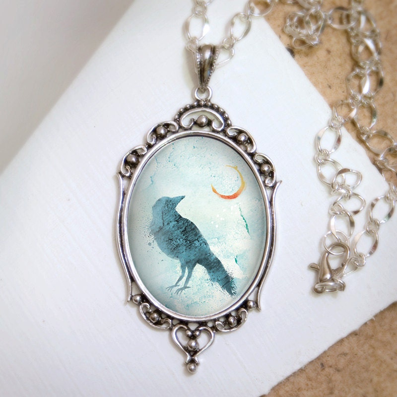 Raven Moon Necklace - Silver Pendant - Call of the Moon - Wearable Art with Silver Chain