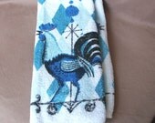 Vintage 60's Terrycloth Towels, Kitchen Towels with Mod Roosters, Atomic Mid Century Decor,Turquoise, White, Blue and Black, Set of Two.